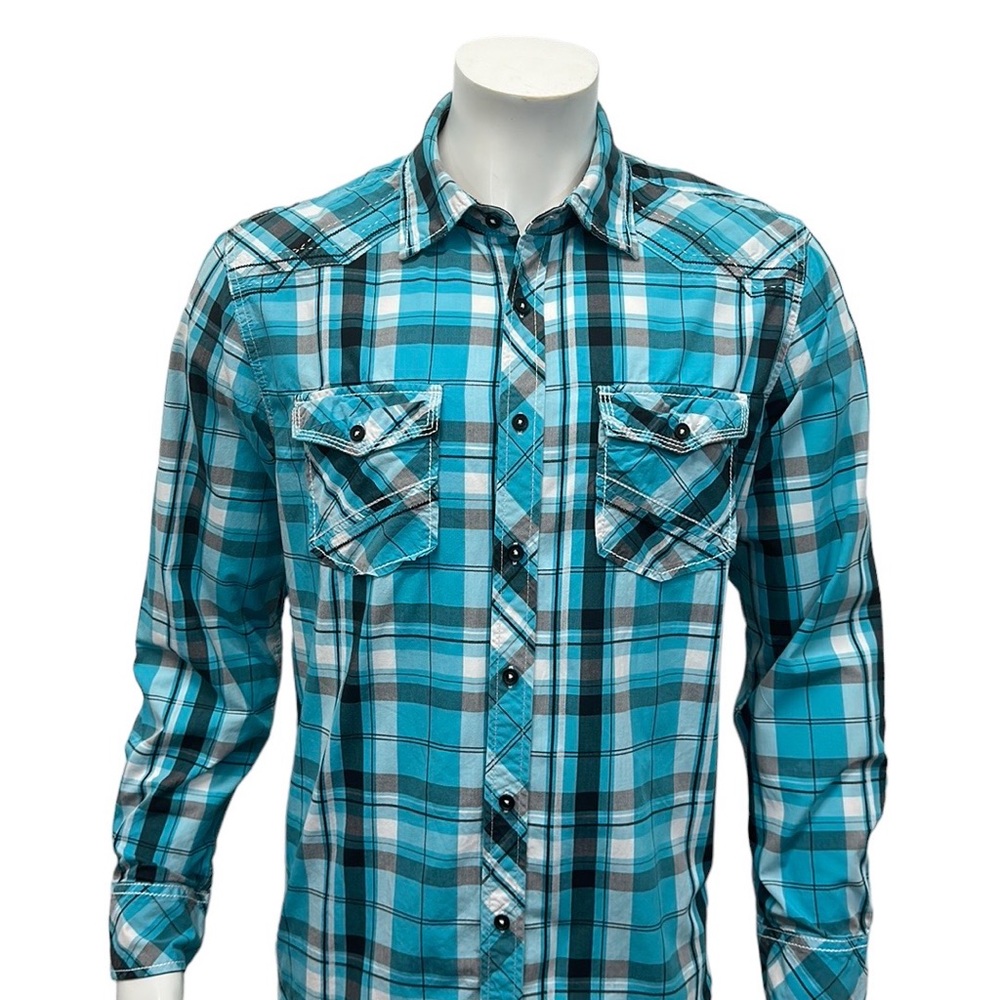 BKE Buckle Blue Black White Distressed Stitched Western Shirt Standard Fit Large
